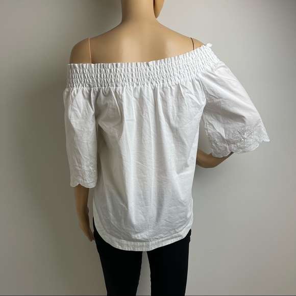 White Off Shoulder Shirred Long Sleeve Blouse - Picture 6 of 8